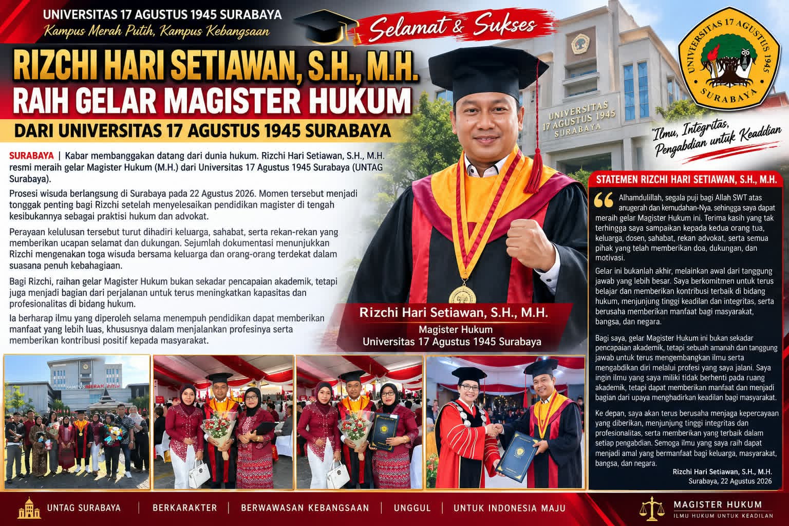 Rizchi Hari Setiawan Raih Gelar Magister Hukum dari Universitas  17 Agustus 1945 Surabaya