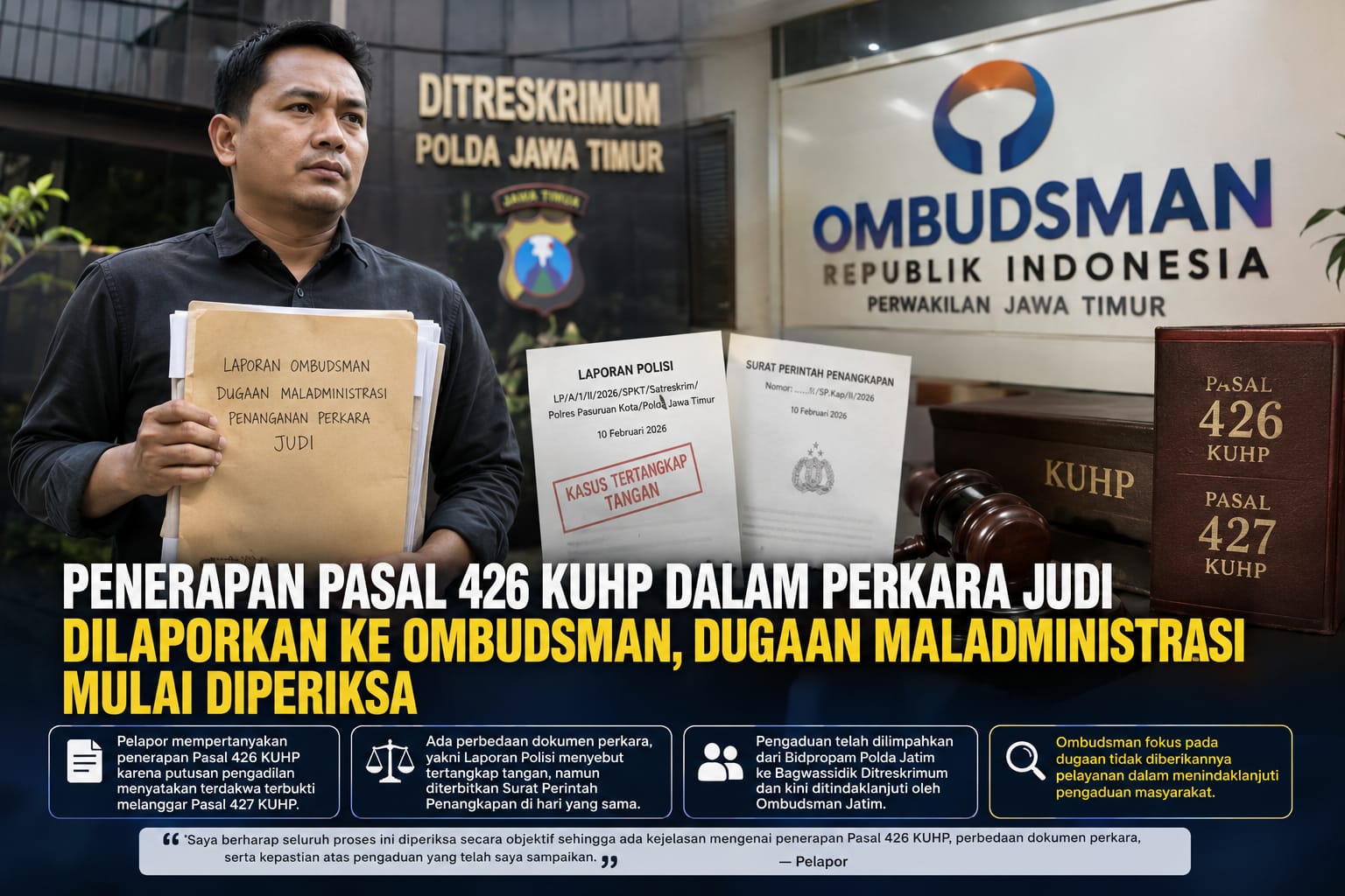 Penerapan Pasal 426 KUHP dalam Perkara Judi Dilaporkan ke Ombudsman, Dugaan Maladministrasi Mulai Diperiksa