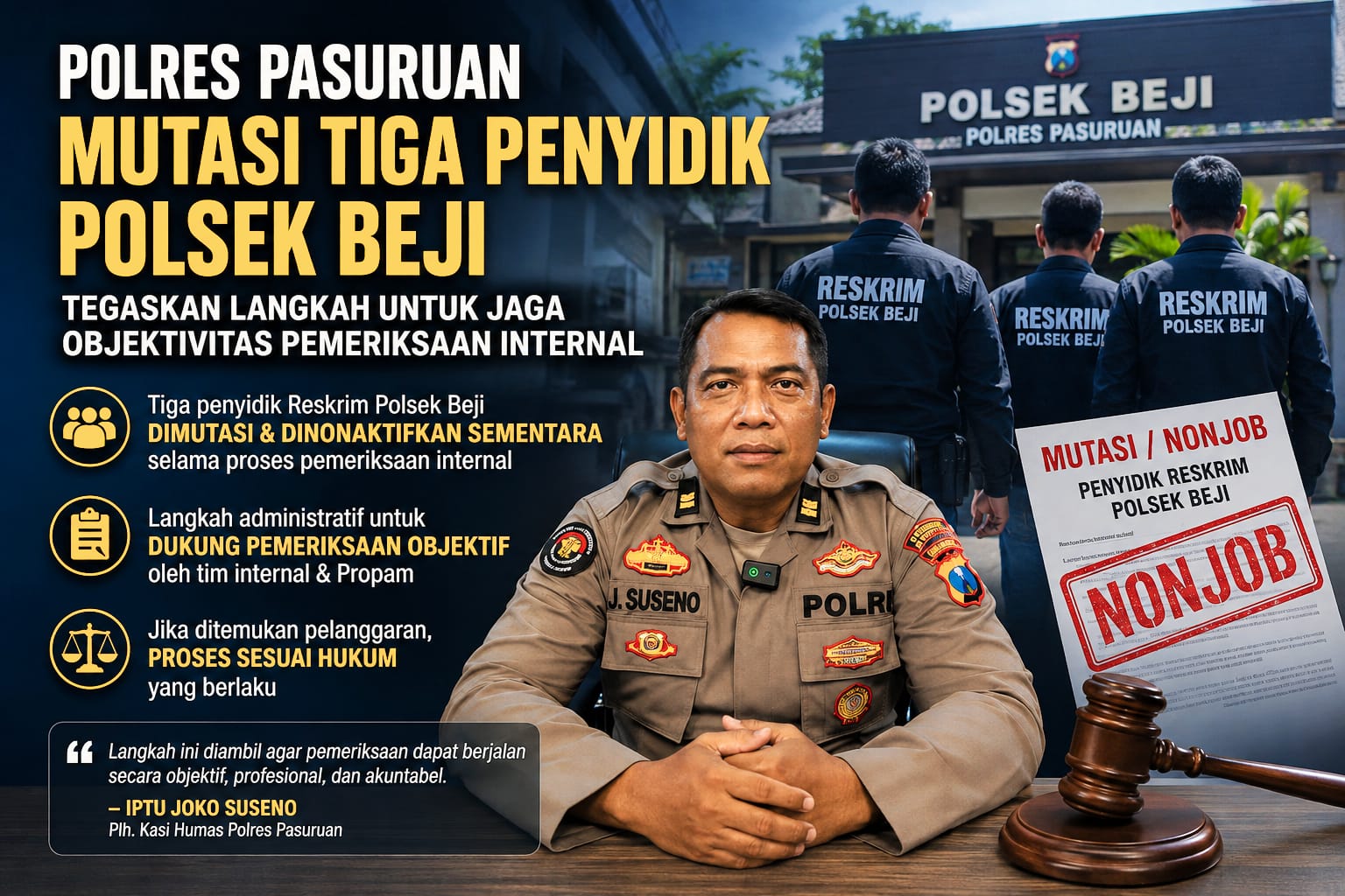 Polres Pasuruan Mutasi Tiga Penyidik Polsek Beji, Tegaskan Langkah untuk Jaga Objektivitas Pemeriksaan Internal